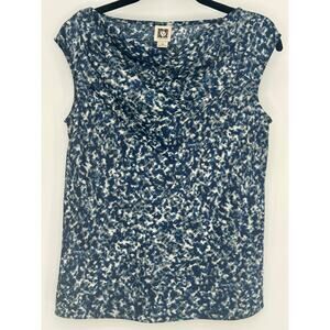 Anne Klein Sleeveless Drape Neck Blue White Gray Top XS